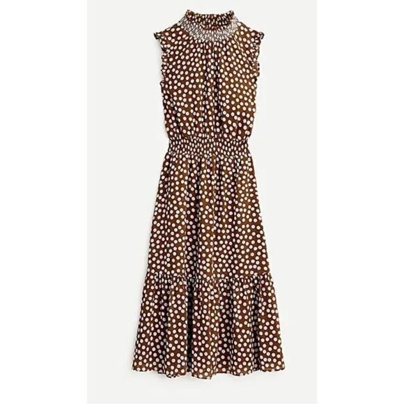 J.Crew Smock Waist Polka Dot Midi Dress In Pecan Ivory Size M NWT - Picture 1 of 9